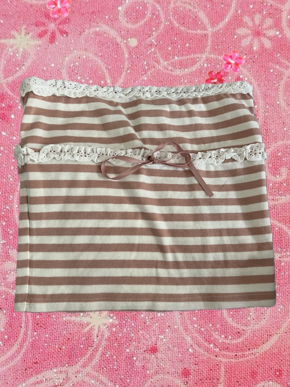 Edikted striped Lace-Trim Tube Top in Taupe & White